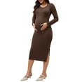 thumbnail image 2 of INSPIRE CHIC Womens Split Maternity Dress Long Sleeve Henley Collar Button Bodycon Ribbed Knit Pregnancy Photoshoot S Brown, 2 of 6