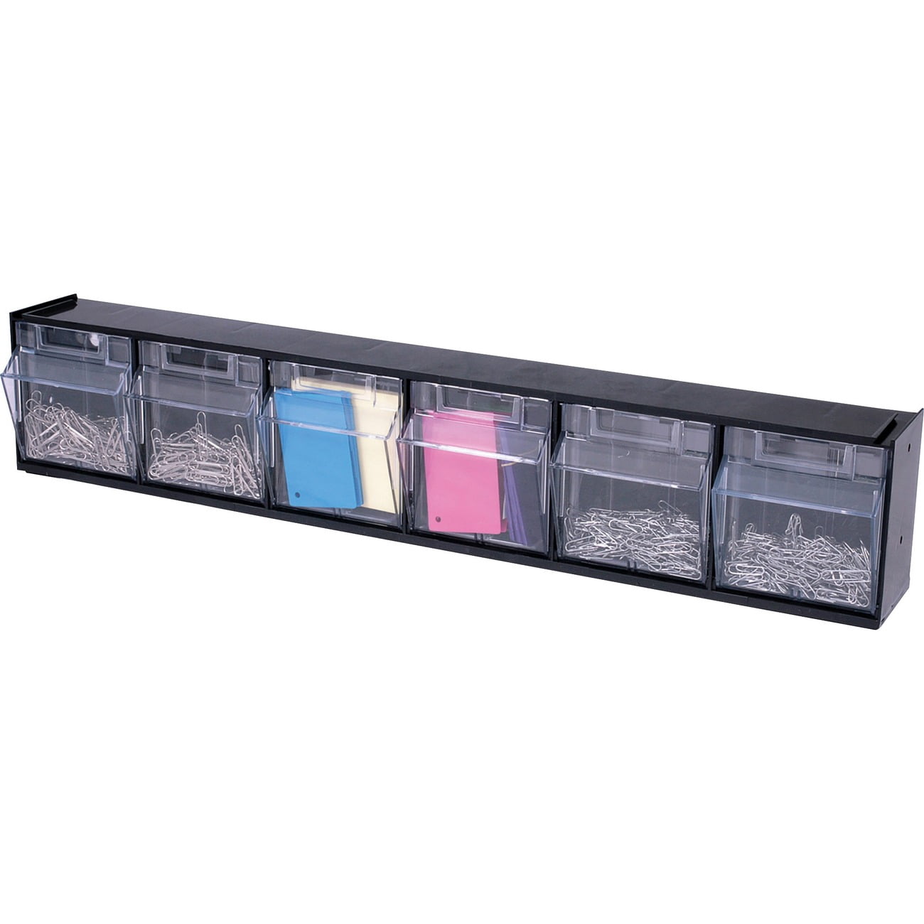 Deflecto Tilt Bin Plastic Storage System w/6 Bins, 23 5/8 x 3 5/8 x 4 1/2, Black