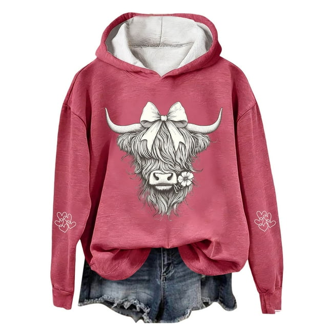 Chandail en Molleton Grande Taille, Chandail à Capuchon Imprimé Vache Festif Western Graphique Chandail pour un Chandail en Molleton Confortable Thème Vacances Tenue Décontractée, Chandail en Molleton Col Rond Femmes, Taille : TG