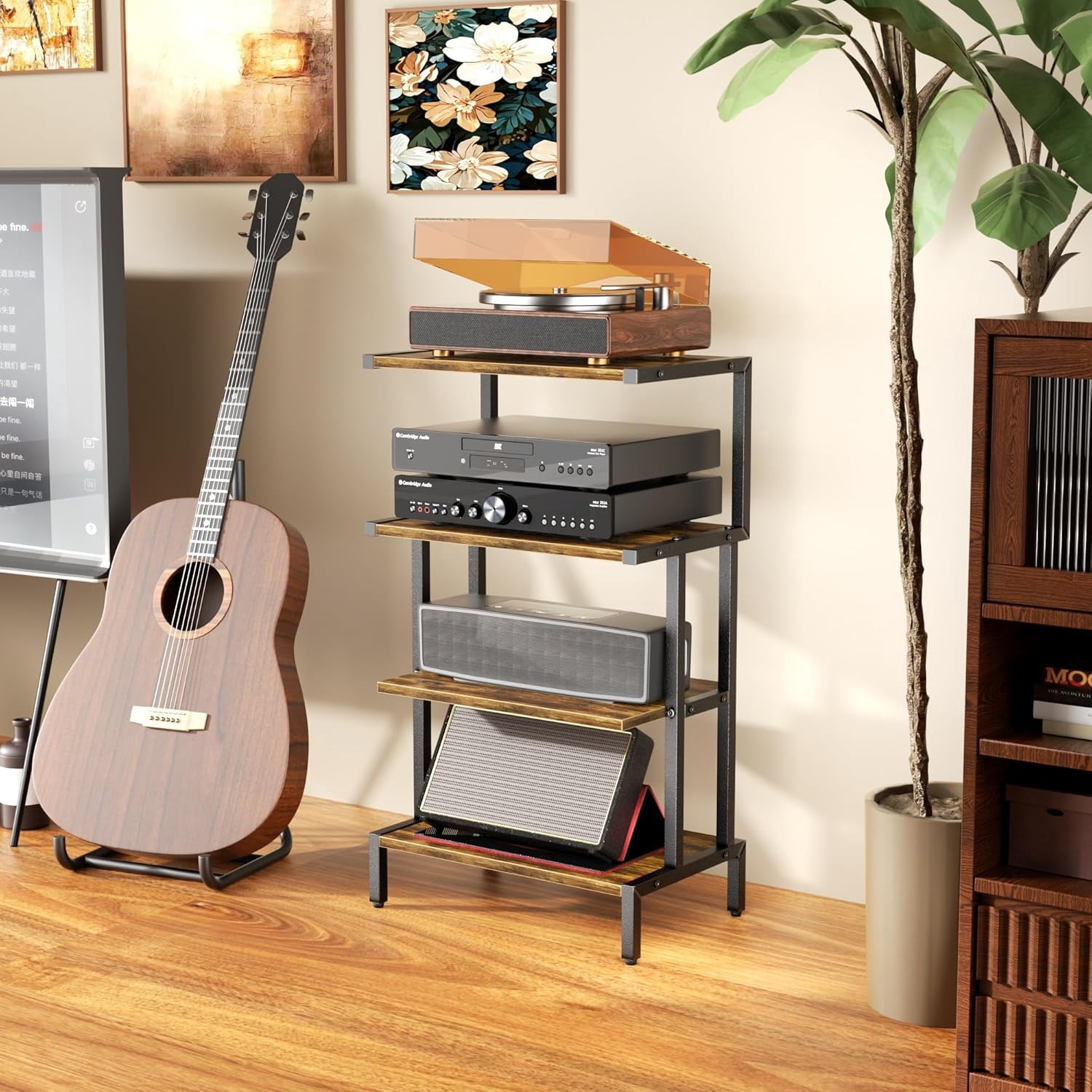KitchenKey Game Console Stands, 4-Tier AV Media Shelf, Stereo Stand, Wood Gaming Entertainment Center Rack for Audio Video Games DVD Player Organizer Storage Shelves fit Small Space