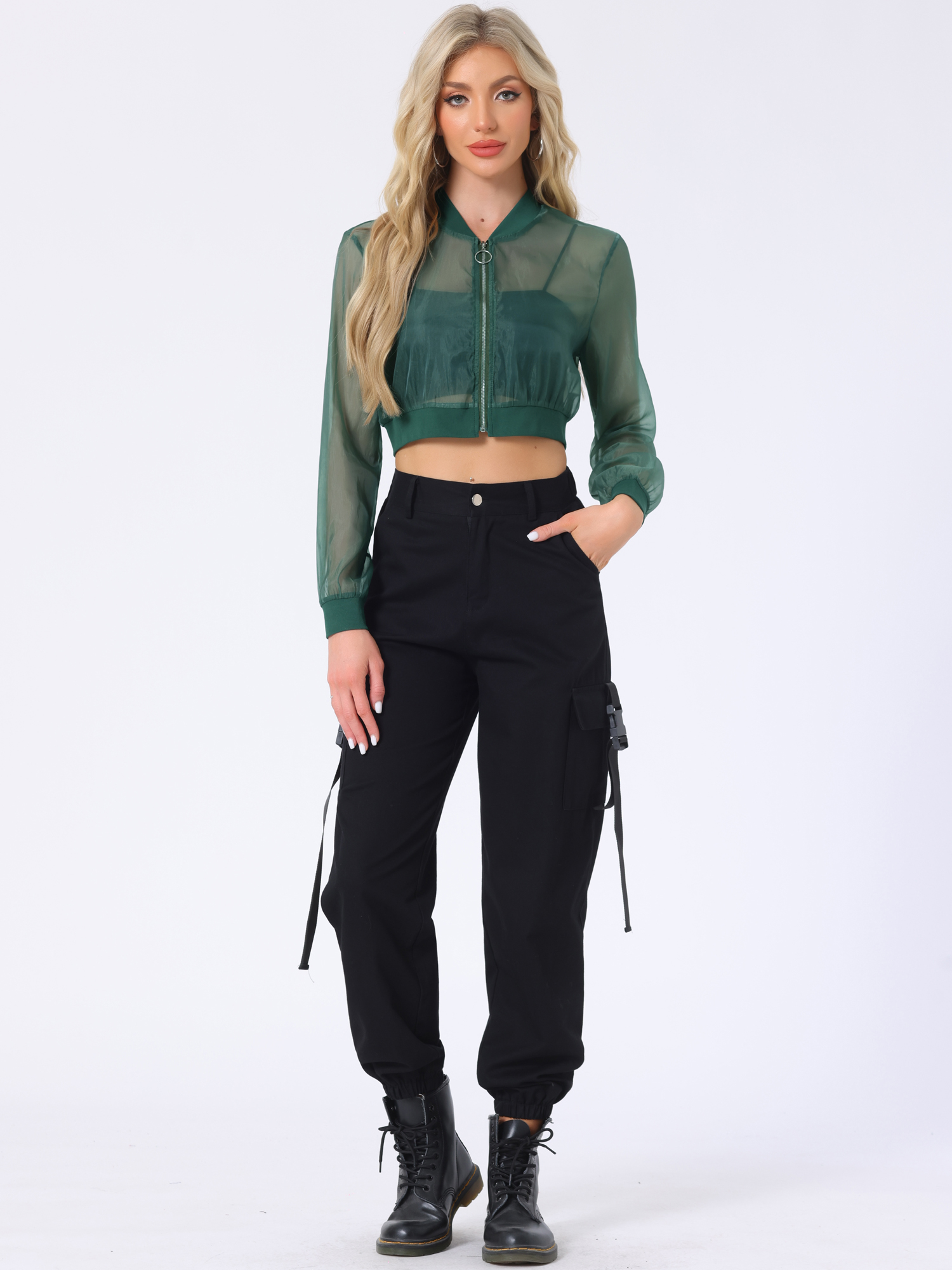 DARING DIVA Crop Bomber Casual Lightweight Zip Up Jackets XL Green