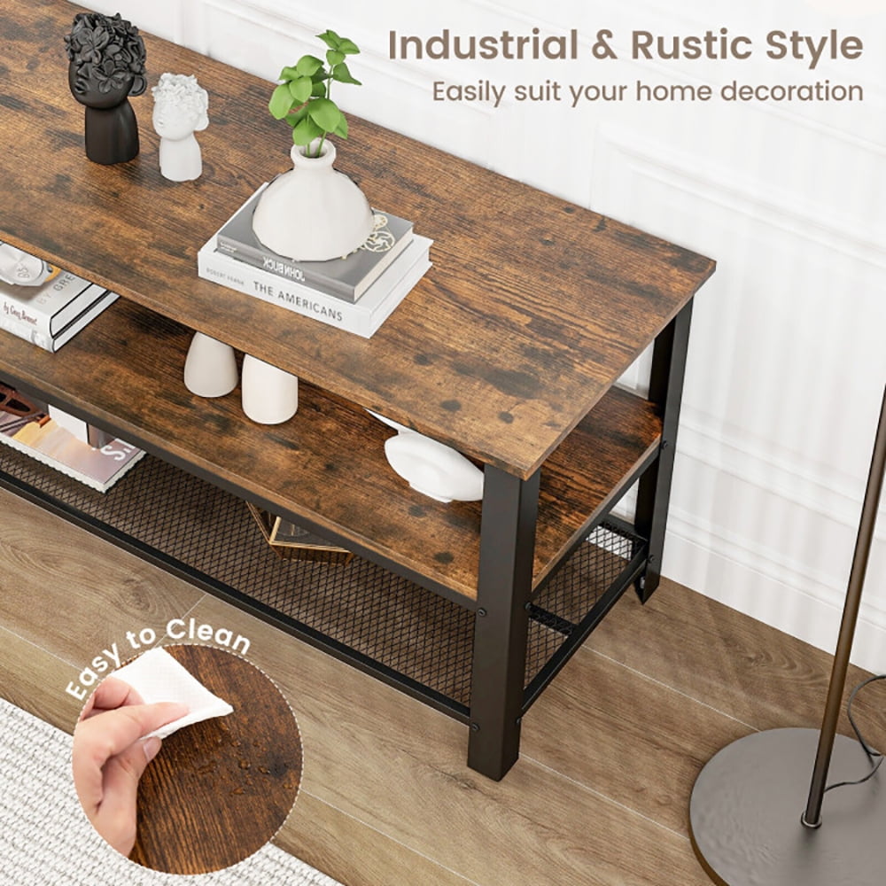 Finihen TV Stand, 3-Tier Industrial Entertainment TV Stand with Metal Mesh Shelf, Media Entertainment Center with Storage, for Living Room, Brown