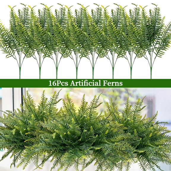 16 Pcs Fake Ferns for Outdoors UV Resistant Faux Fern Plants, Artificial Greenery Fern Stmes for Outside, Garden Porch & Patio Greenery Decor(