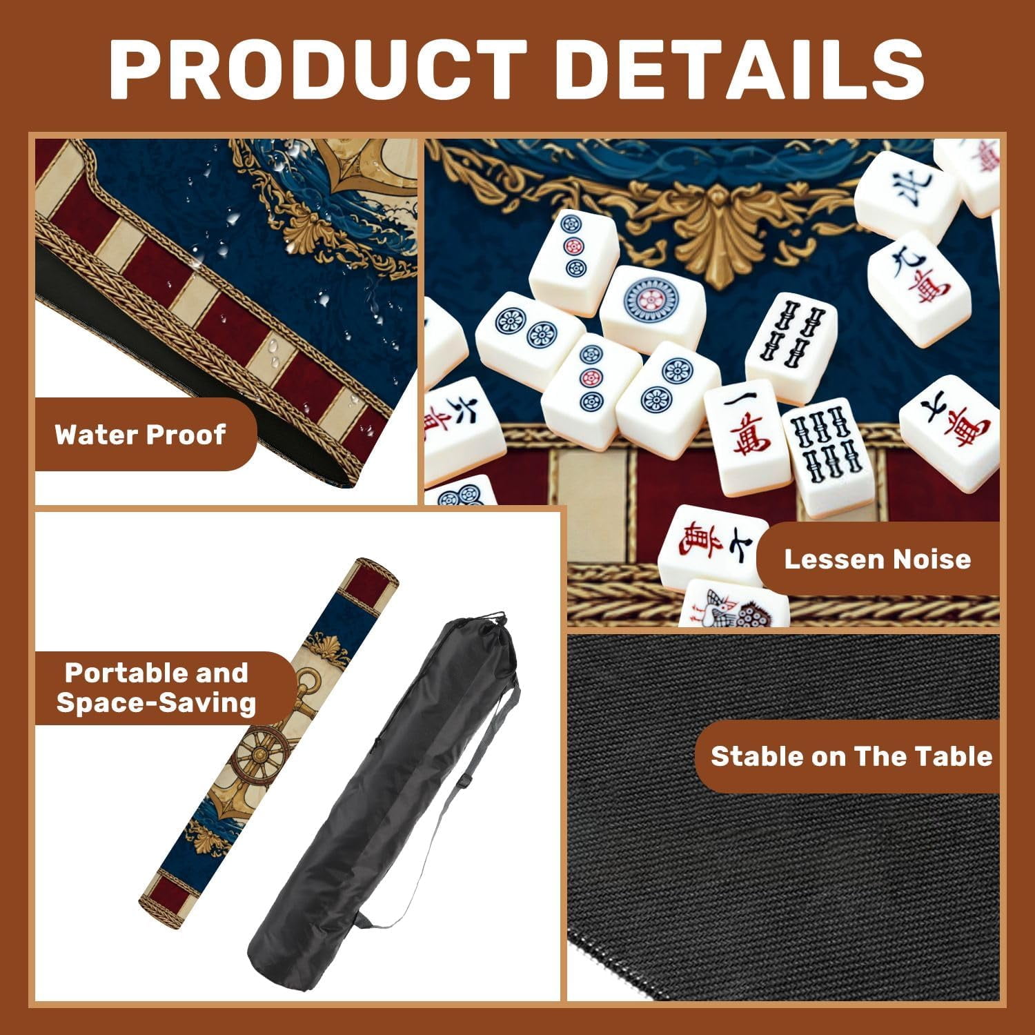 Mahjong Mat with Carrying Bag 31.5" x 31.5" Non-Slip Noise Reduction Vintage American Flag Dual Flags Ribbon Detail Table Mat for Mahjong Poker Dominoes Card Board Tile Games