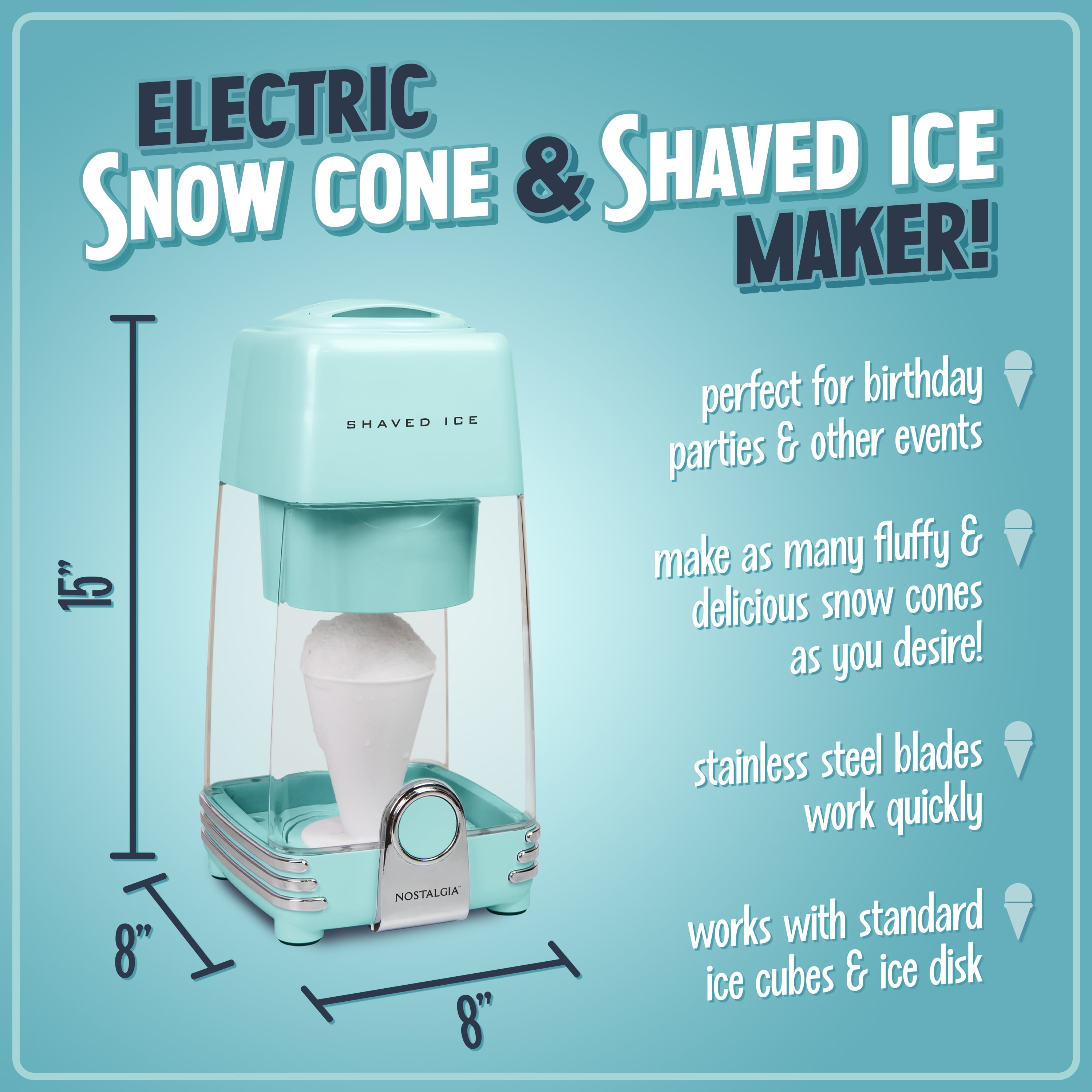Nostalgia Retro Snow Cone Maker, Shaved Ice Machine and Snow Cone Maker with 2 Ice Molds, Blue