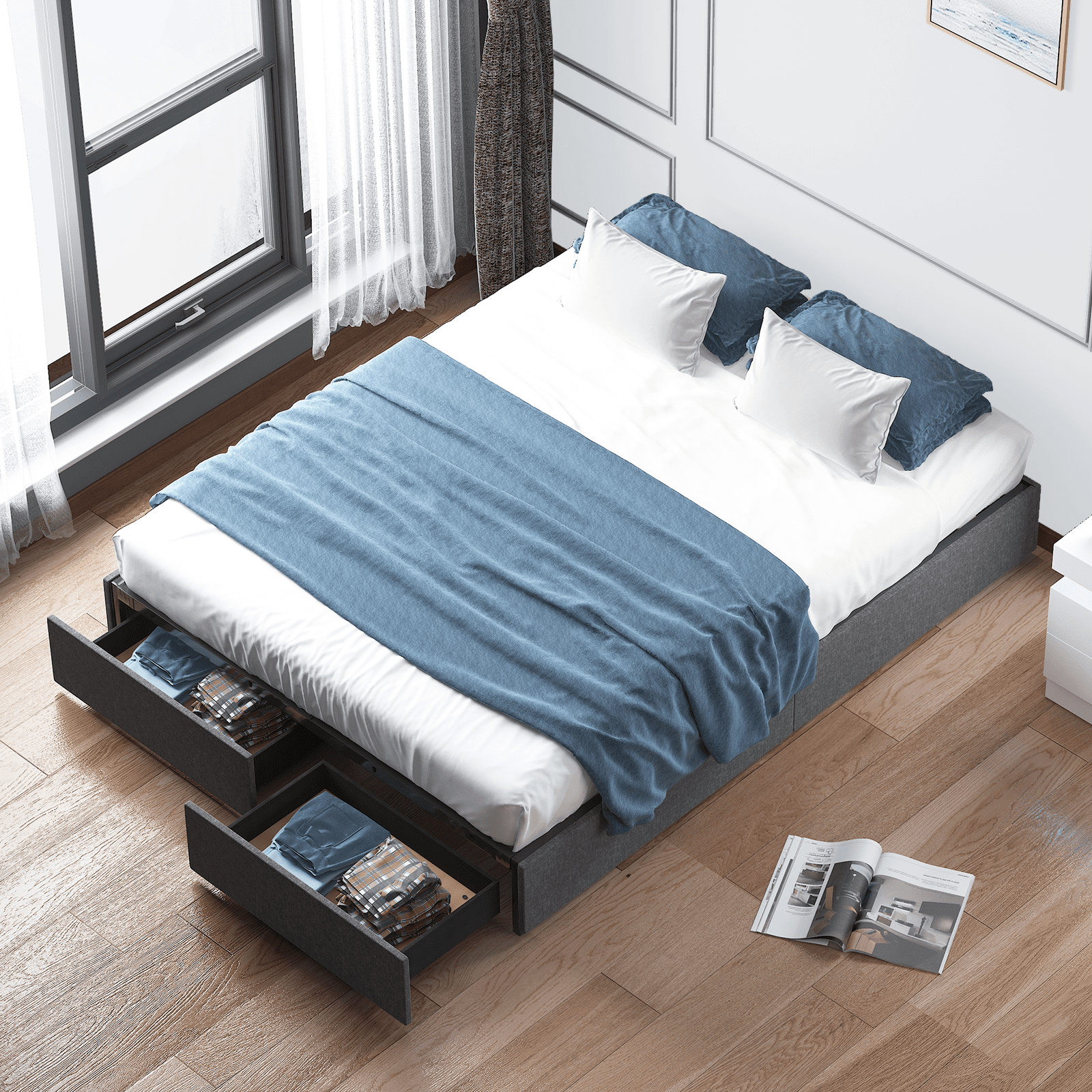 MUZZ Platform Bed Frame with Two Large Storage Drawers, Queen Size Bed
