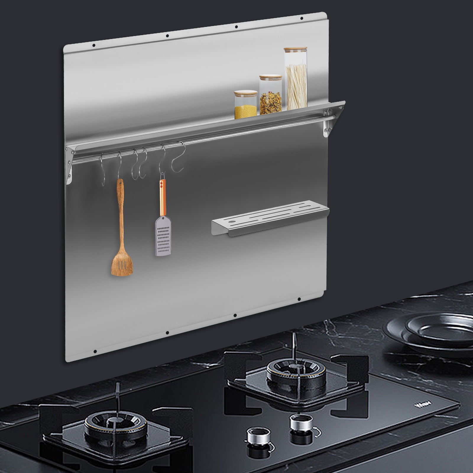 Wildnix Wall-Mounted Stainless Steel Range Backsplash with Storage Shelf, 30kg Capacity, 6 S-Shaped Hooks, Cross Bar, Modern Design for Kitchen Organization