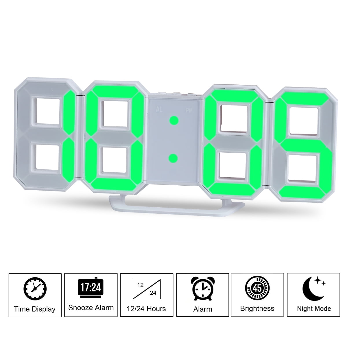Green LED Digit Large 3D Display Alarm Clock with Brightness Dimmer