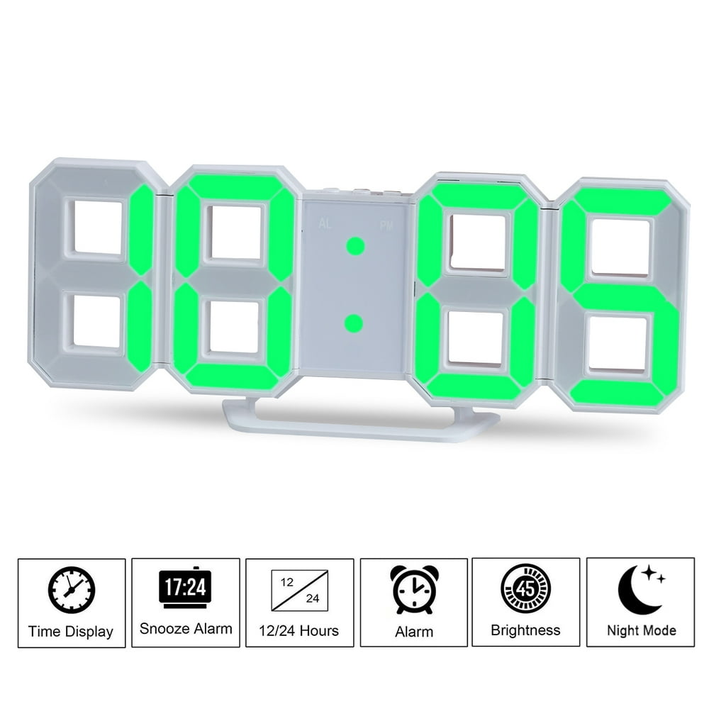 Green LED Digit Large 3D Display Alarm Clock with Brightness Dimmer