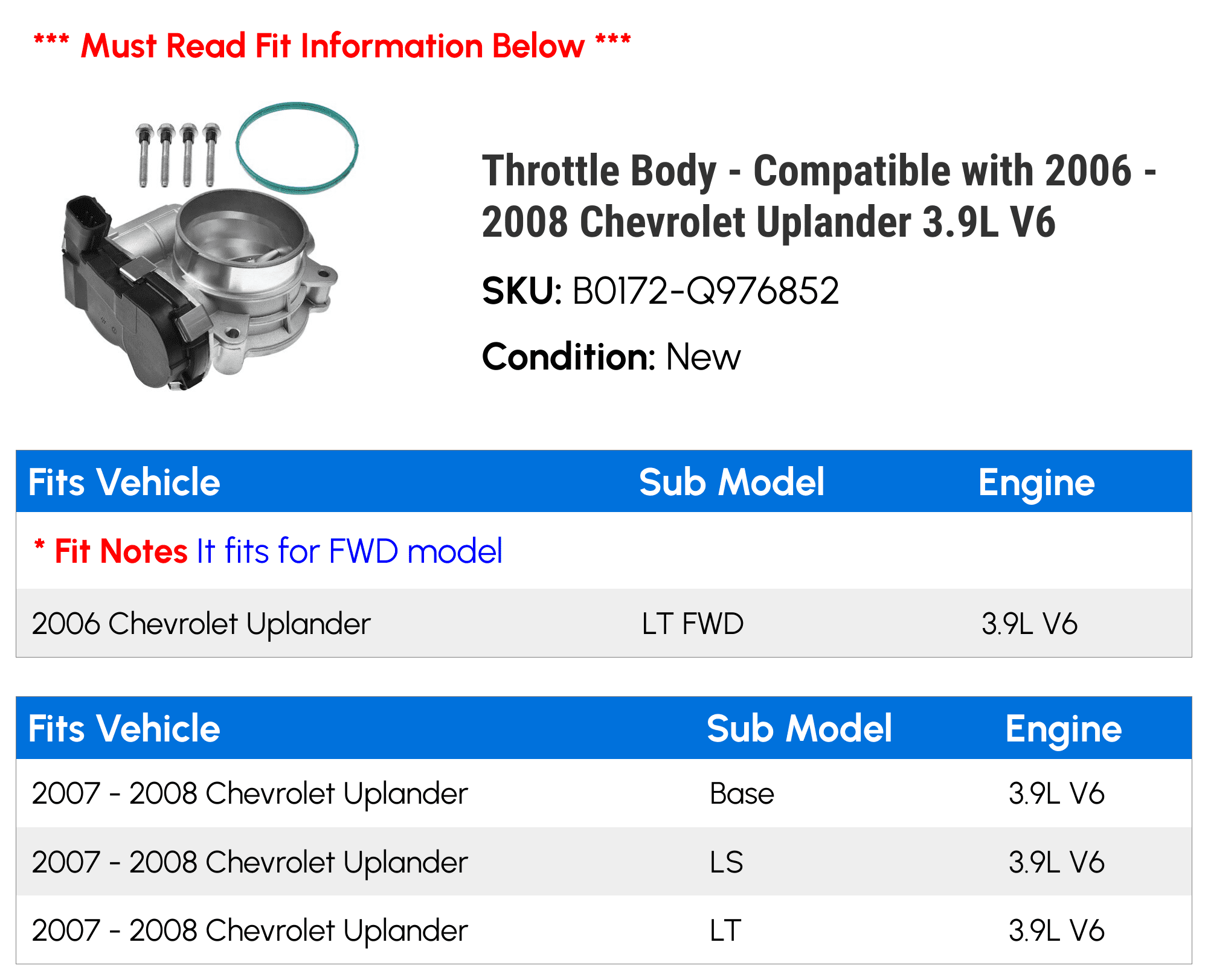 Throttle Body - Compatible with 2006 - 2008 Chevrolet Uplander 3.9L V6 - Autopart Premium