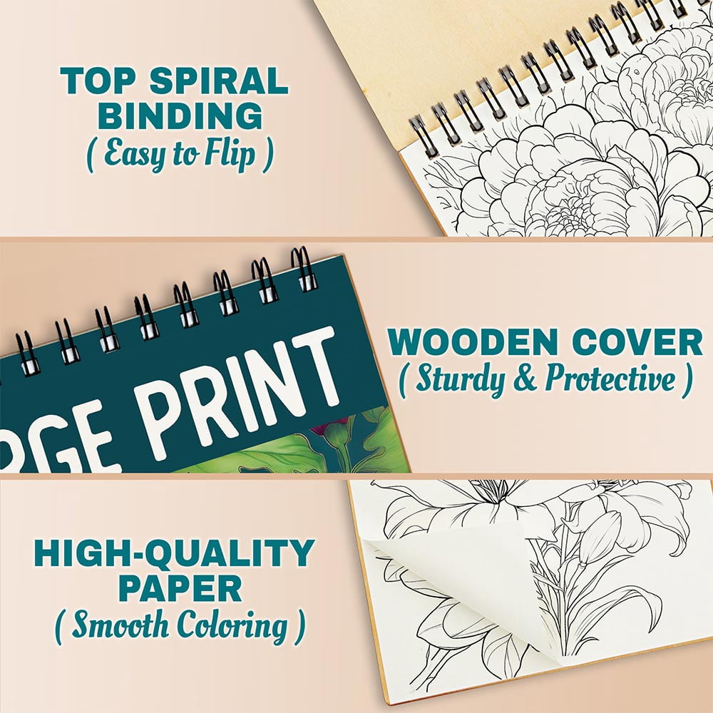 Netecom Large Print Flowers Coloring Book Spiral Bound for Adults and Seniors, A5 Wooden Cover, 30 Delightful Blossom Designs Coloring Pages of Big Print Style for Stress Relief and Relaxation
