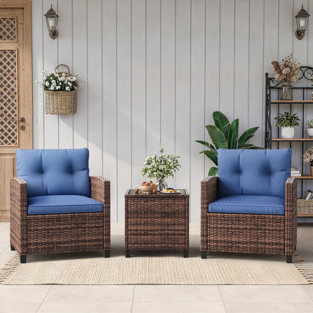 3 Piece Wicker Patio Bistro Set with Cushions and Glass Table, All Weather PE Rattan Outdoor Conversation Chairs for Balcony Backyard Porch, Brown Gray Gradient Blue Beige