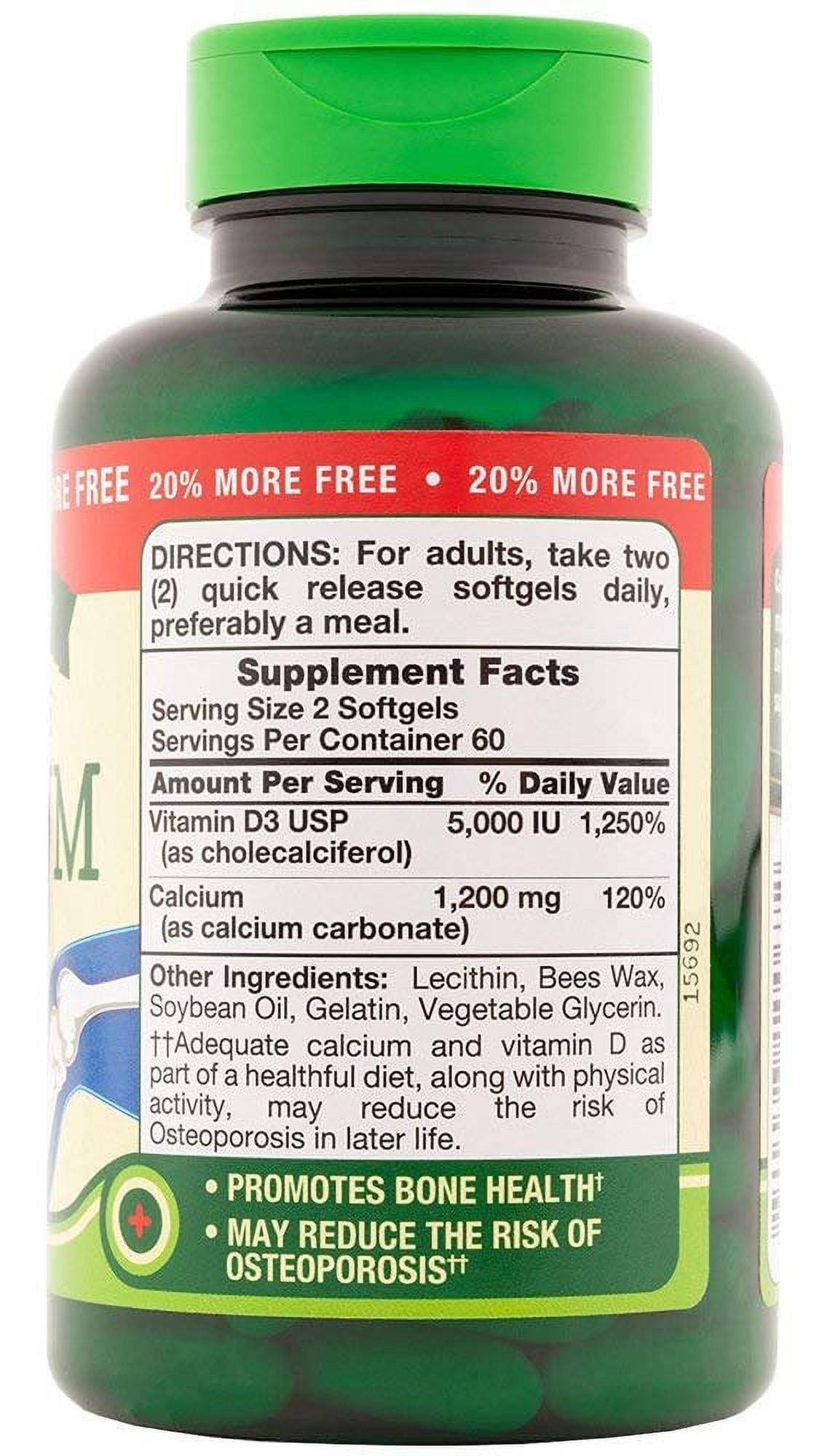 Nature's Truth Calcium 1200 mg Plus Vitamin D3 5000 IU Supplements, 120 Count Pack of 3