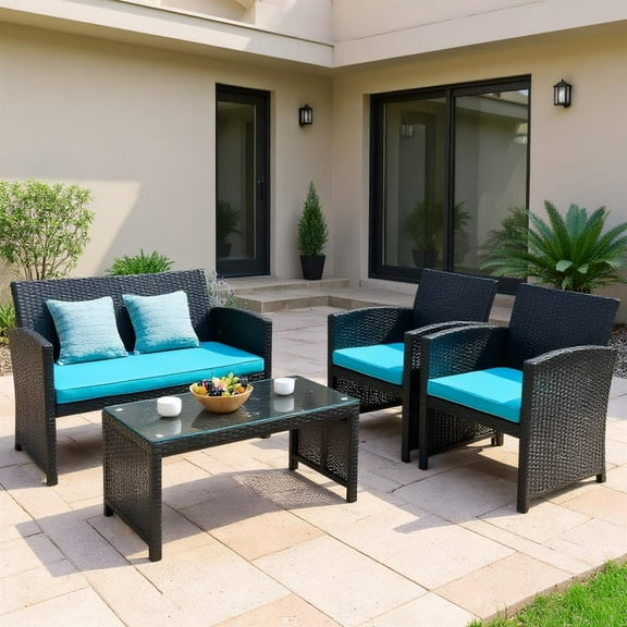 Topcobe 4 Pieces Wicker Patio Furniture Set with Cushions, Wicker Outdoor Sectional with Weather Resistant Cushions and Tempered Glass Tabletop, Turquoise
