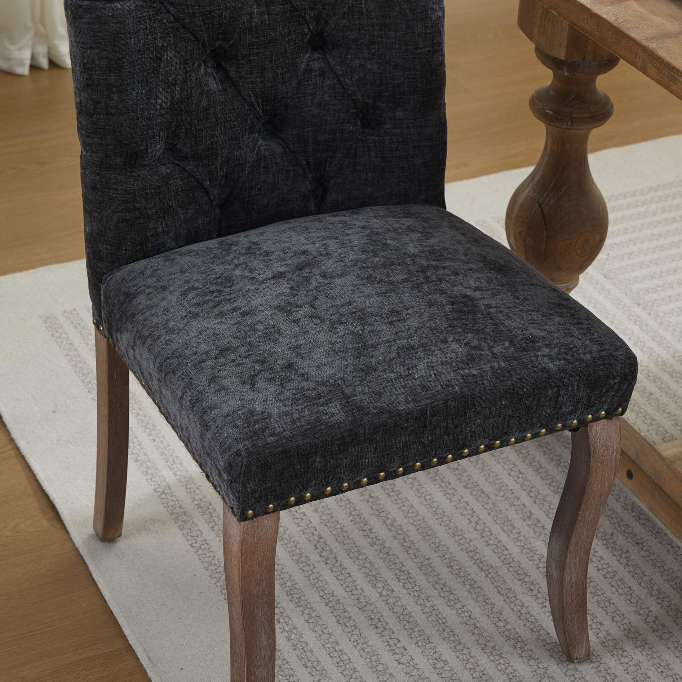 Noble House Set of 2 Tufted Chenille Upholstered Dining Chairs, Curved Solid Wood Legs, Black