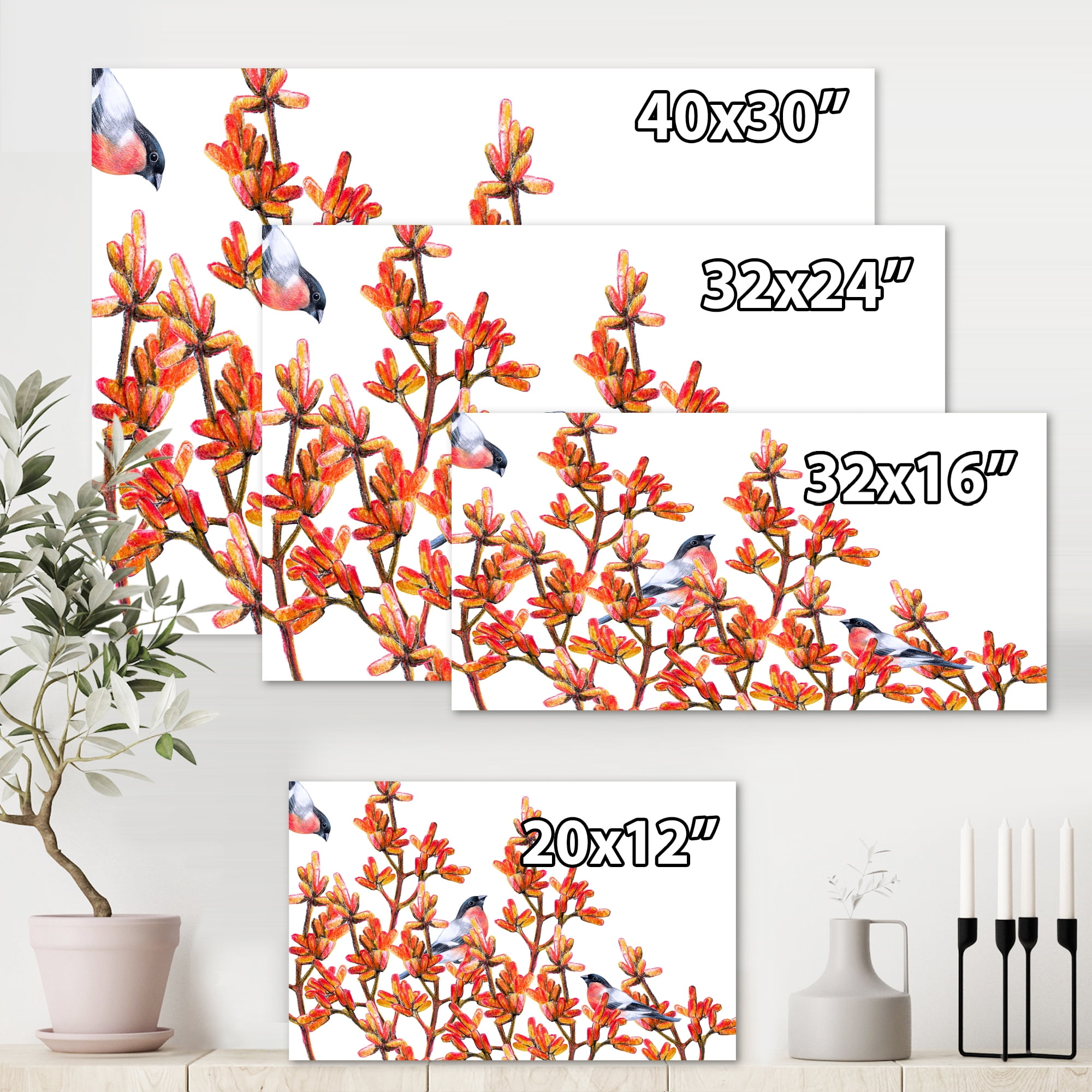 Designart ' Flock of Bullfinches Birds Sitting on Orange Branches ' Traditional Canvas Wall Art Print