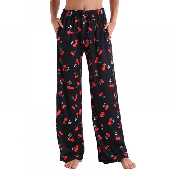 Baywell Women's Print Sleep Pants with Pockets Wide Leg Loungewear Pajamas Bottoms Drawstring Elastic Waist Nightwear Trousers, Cherry, US 16-18