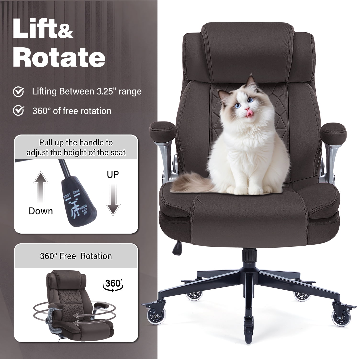 High Back Office Chair with Lockable Wheels, 400lbs Large Fabric Executive Desk Chair, Adjustable Lumbar Support Flip up Arms, Ergonomic Home Office Computer Chair with Storage Pocket, Brown