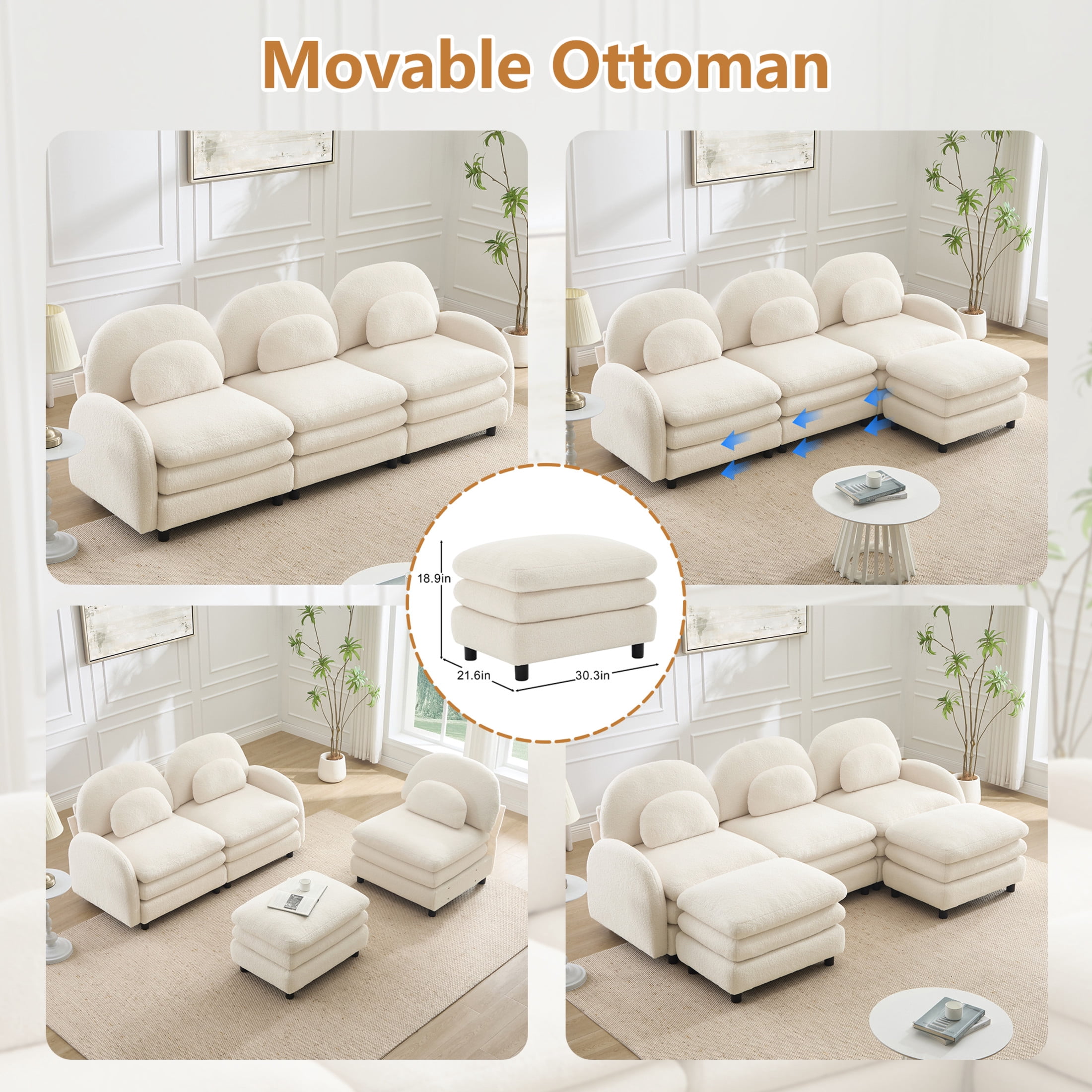 Noble House Windsor Teddy Fabric 2-Seater Sectional Sofa, Modular Cloud Couch with Ottoman and Lumbar Pillows, Beige