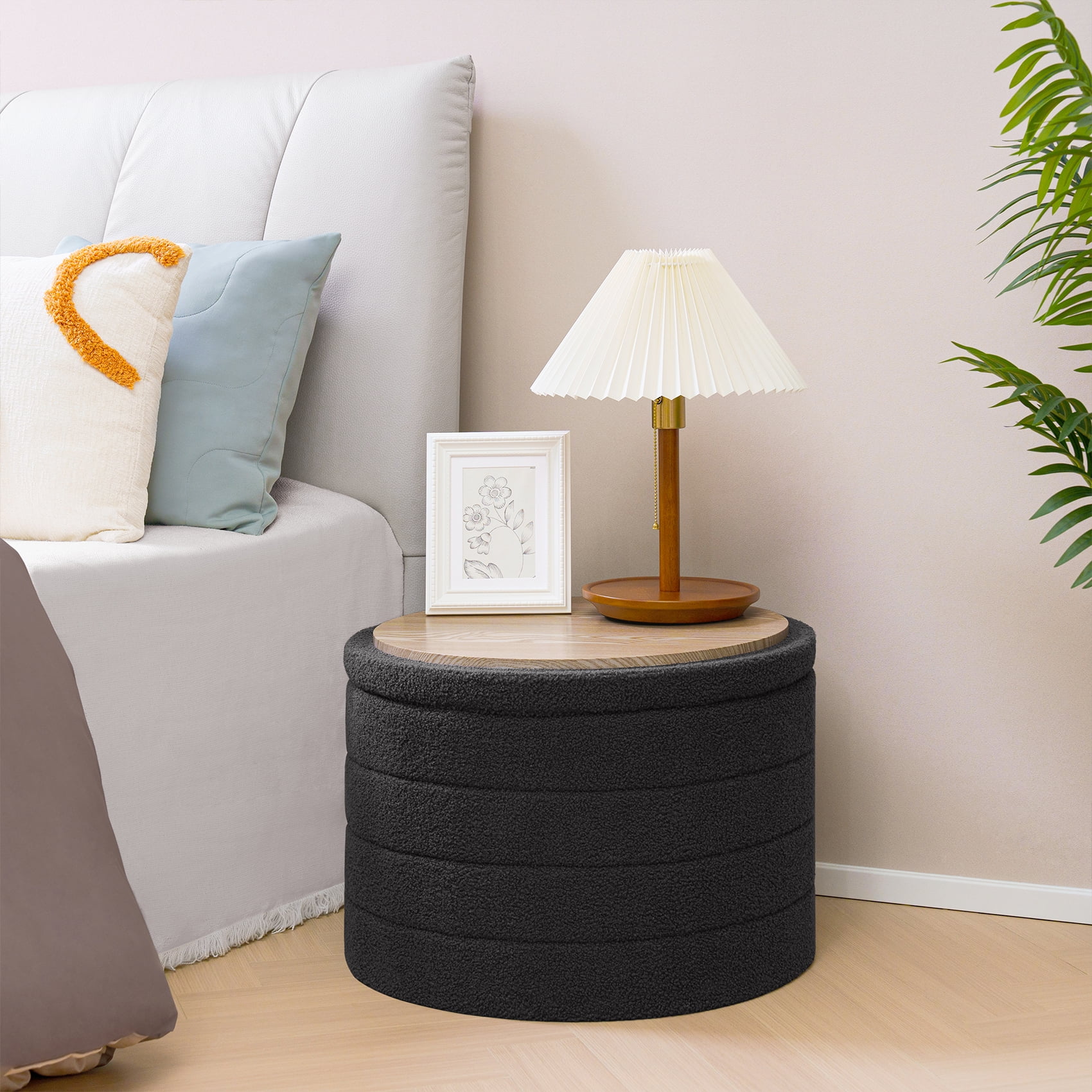 B FSOBEIIALEO Round Boucle Storage Ottoman with Tray for Living Room, Perfect for Adults & Kids with Extra Storage Space(Grey)