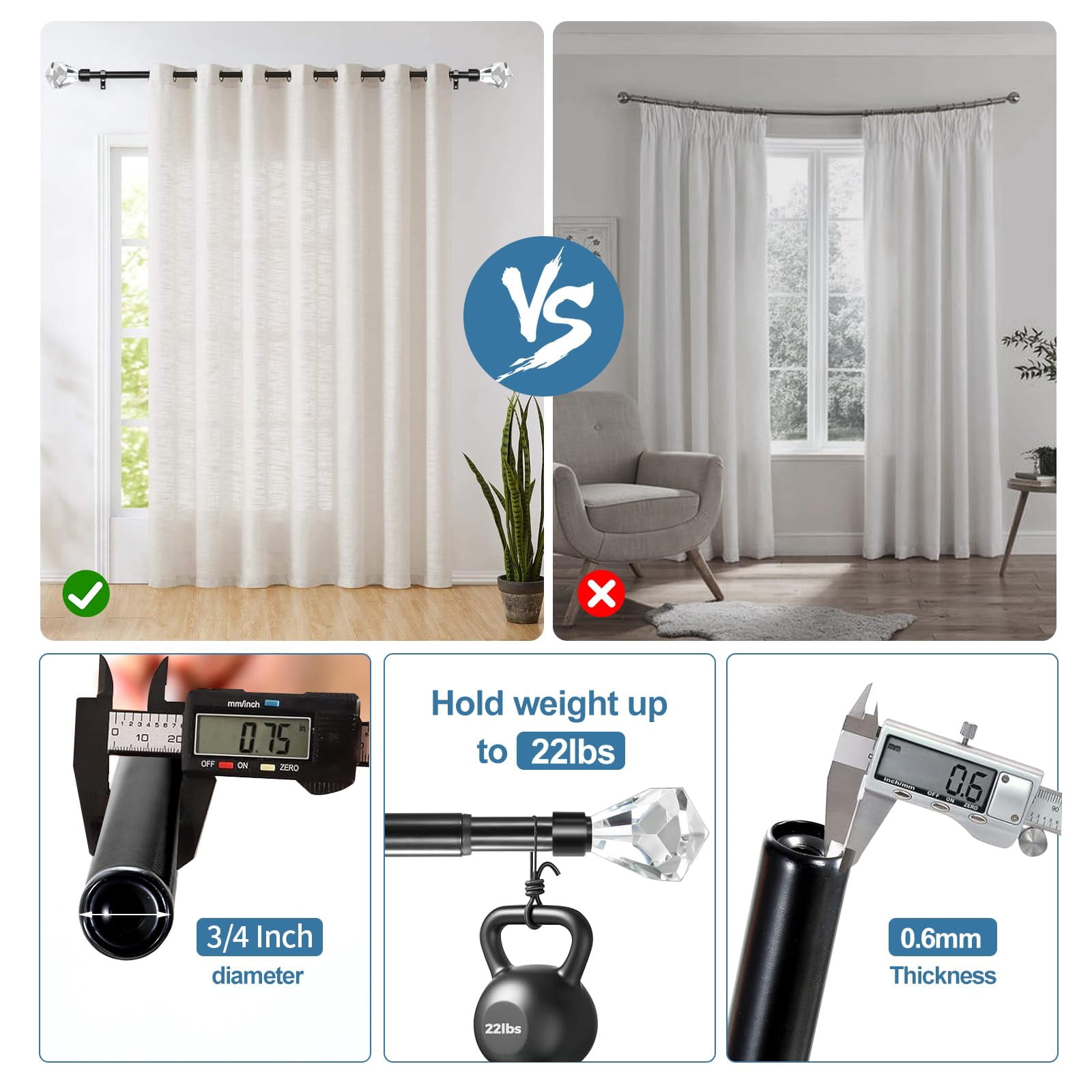 Urbanest Real Crystal Diamond-cut Elegant Designer Curtain Rod – Solid Metal Rod with Genuine Crystal Finials – 3/4" Adjustable , Heavy-Duty, Decorative, Sparkling Design, 48" to 84", Matte Black