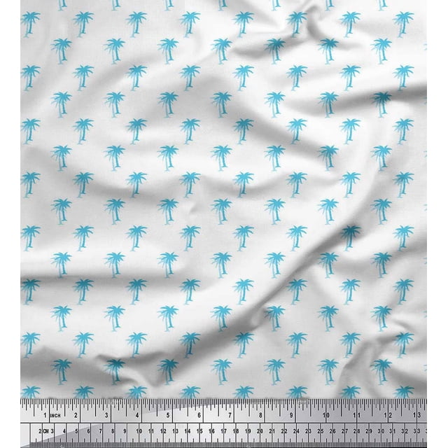Soimoi Blue polyester Crepe Fabric Palm Tree Printed Fabric 1 Yard 42 Inch Wide