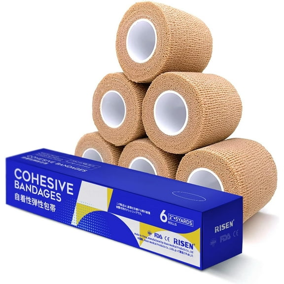 RISEN Self Adherent Cohesive Bandages Wrap - 6Packs, 2" x 5 Yards, Non-Woven Self Adhesive Bandage Wrap for Thumb, Finger, Wrist, Ankle, Bandages Tape (skin color)