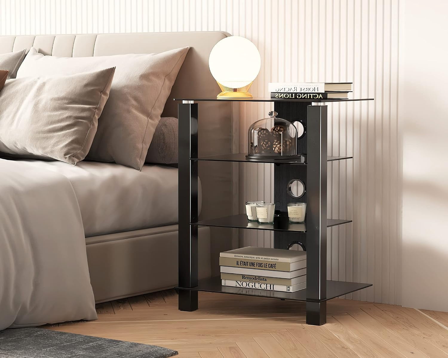 FITUEYES 4-Tier AV Media Cabinet with Tempered Glass Shelves, Black