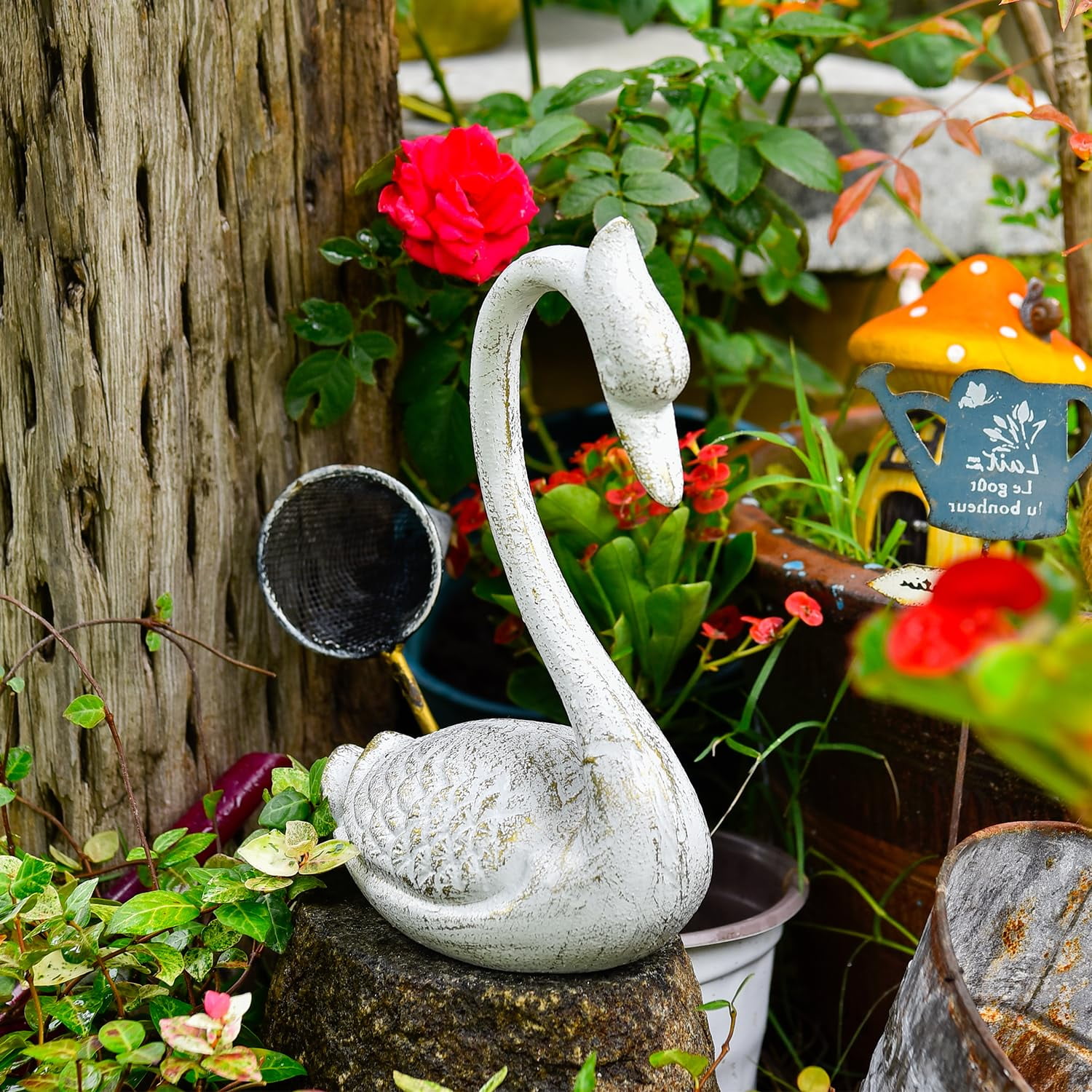 Sungmor Cast Iron Swan Garden Statue, White Elegant Swan Sculpture Outdoor Animal Figurine, Yard Patio Lawn Deck Ornament, Home Decoration Piece