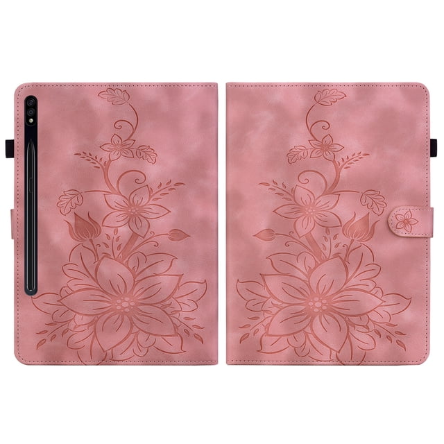 XYX Tablet Case for Samsung Galaxy Tab S7+ Plus/S8+ Plus/S7 FE, Lily Flower Pattern PU Leather Multiple Viewing Angles Stand Slim Folio Tablet Cover (Pink)