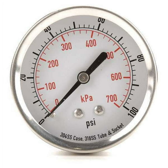 ZoroSelect Pressure Gauge, 0 to 100 psi, 1/4 in MNPT, Stainless Steel, Silver