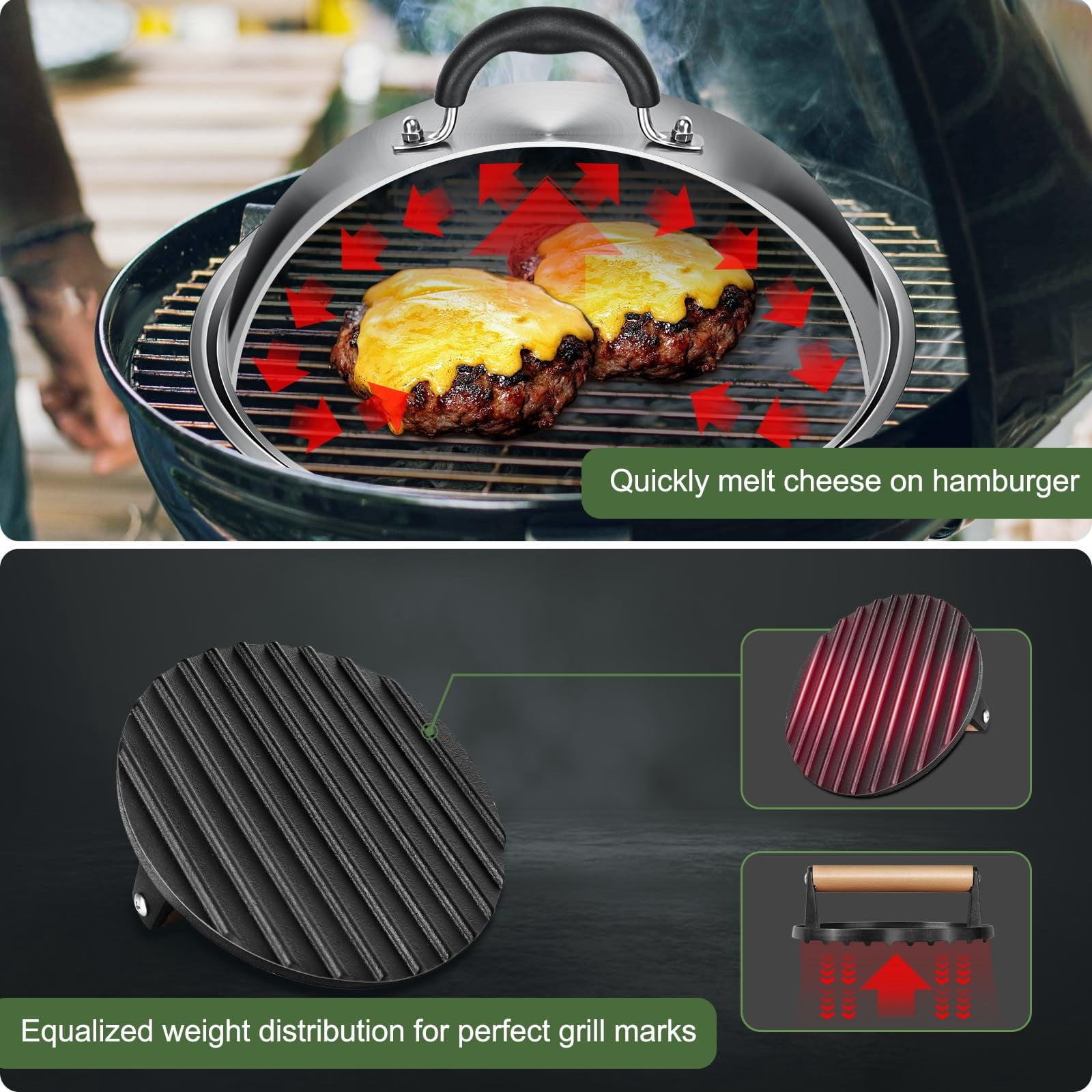 5 Pcs Griddle Accessories Smash Burger Kit, 12inch Heavy Duty Round Dome, Bacon Press, Hamburger Spatula, Patty Papers, and Squeeze Bottle