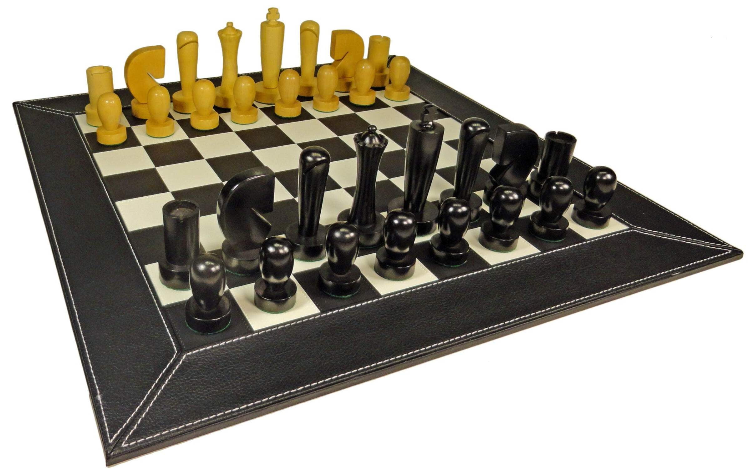 4 Q Staunton MODERN BERLINER Wood Chess Set 18" Black  White Faux Leather Board