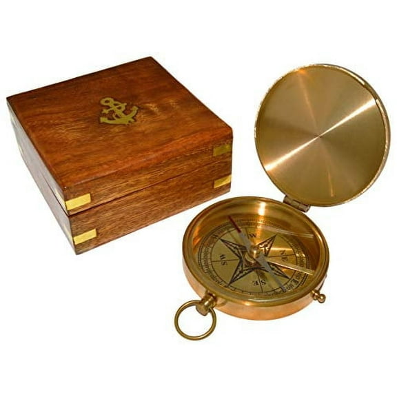 Large 4" Brass Compass with Rosewood Storage Box, Fully Functional Nautical Pirate Cosplay Costume Decoration