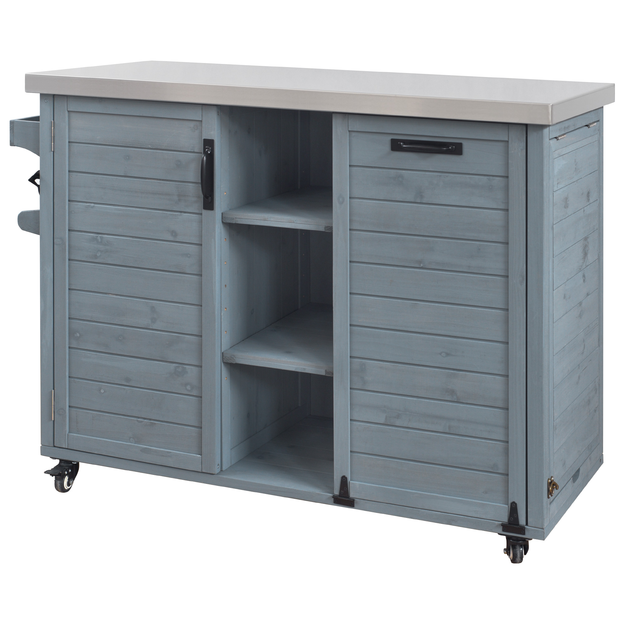 Euroco 78.3" Outdoor Kitchen Island with Foldable Grill Table, Wooden Outdoor Grill Cart with Trash Can Storage & Stainless Steel Top, Outdoor Bar Cart, Pizza Oven Table