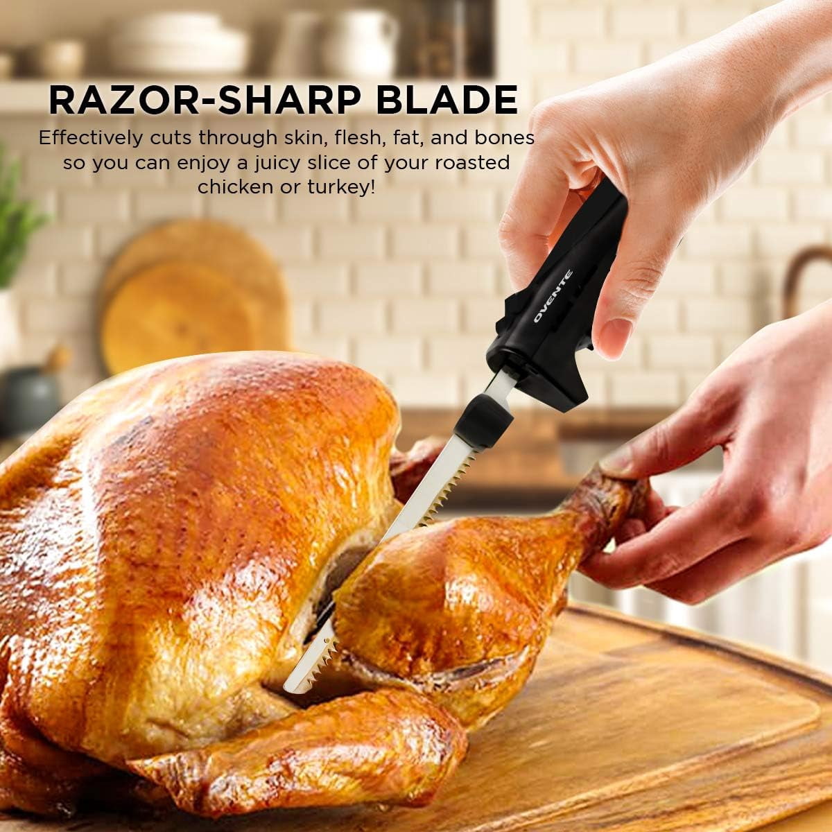OVENTE Electric Carving Knife with Stainless Steel Blade, Black EK4510BB | 110W, Safety Lock and Eject Button, Lightweight & Ergonomic Handle, Ideal for Slicing Meat, Bread, Poultry, and Cheese