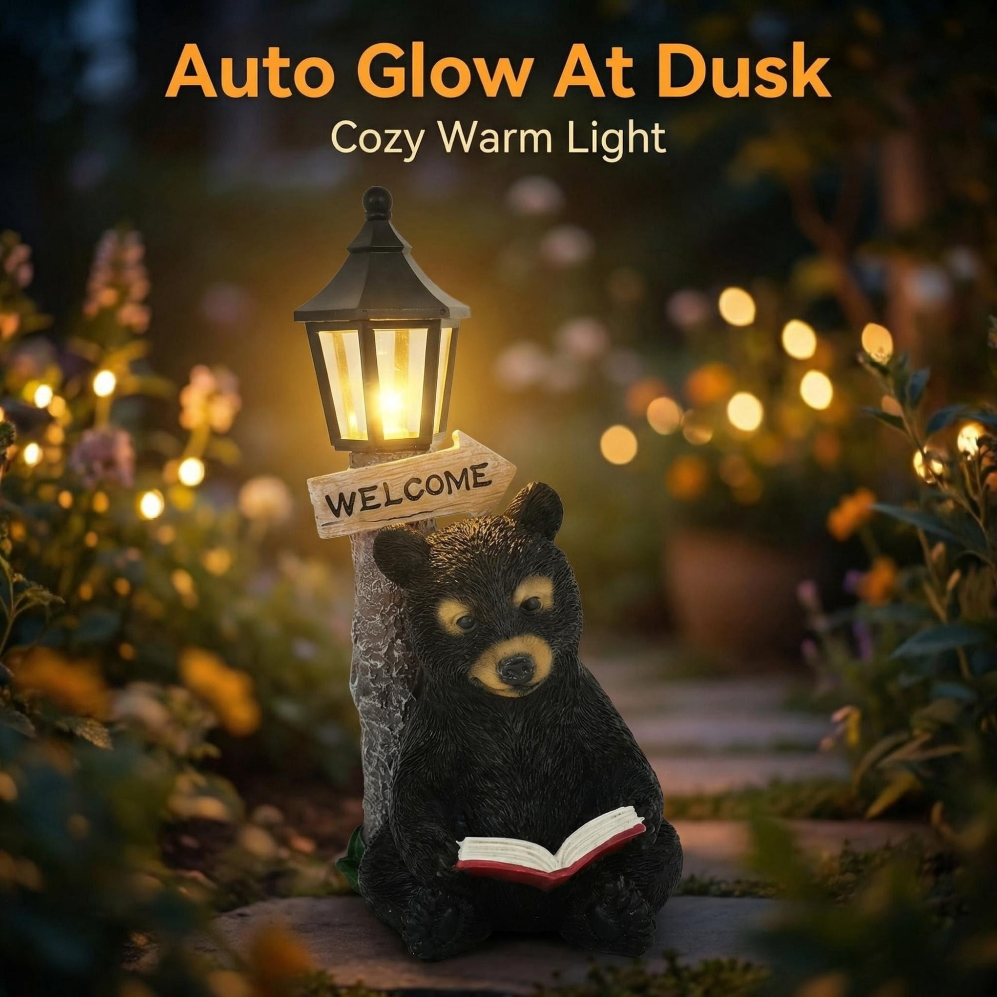 Outdoor Decor Bear Statues with Welcome Sign, Resin Bear Sculpture for Yard Patio Porch, Solar Animal Figurine Light Garden Decoration