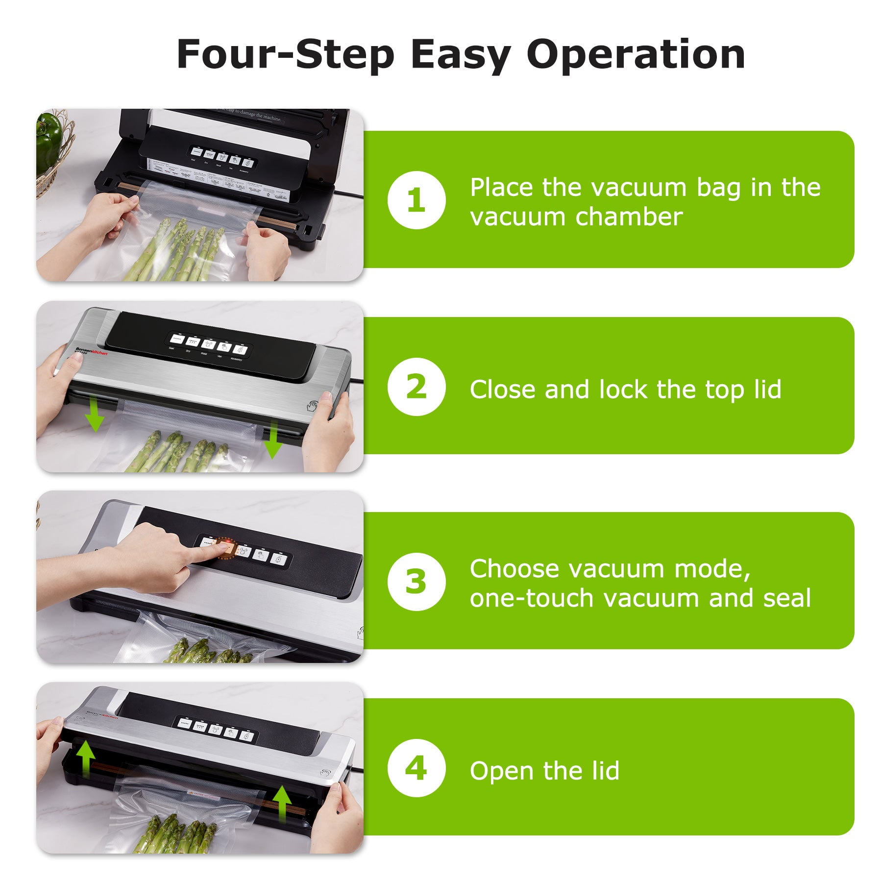 Bonsenkitchen Vacuum Sealer Machine, Stainless Steel Vacuum Food Sealer with 8-in-1 Vacuum Sealing System, 6 Food Vacuum Modes, Built-in Cutter and