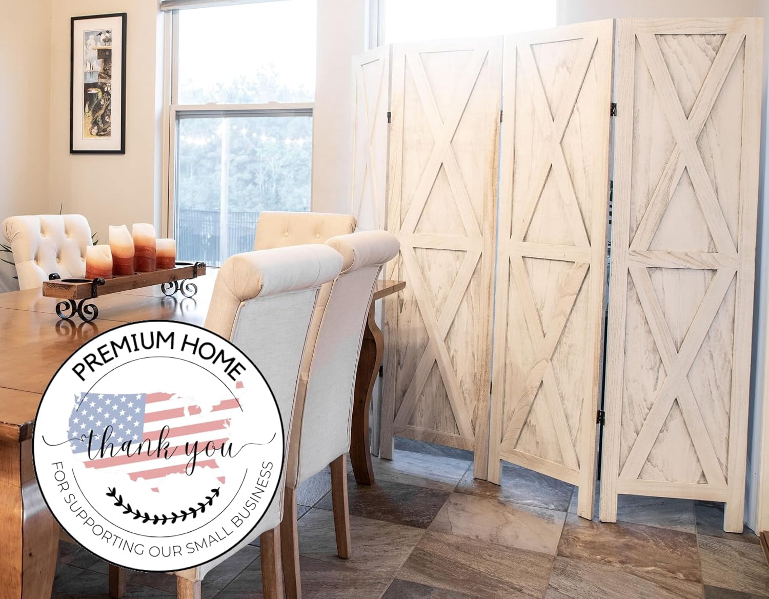 Premium Home 6-Panel Room Divider – Rustic White Barn Door, X Pattern Folding Privacy Screen, Partition Wall
