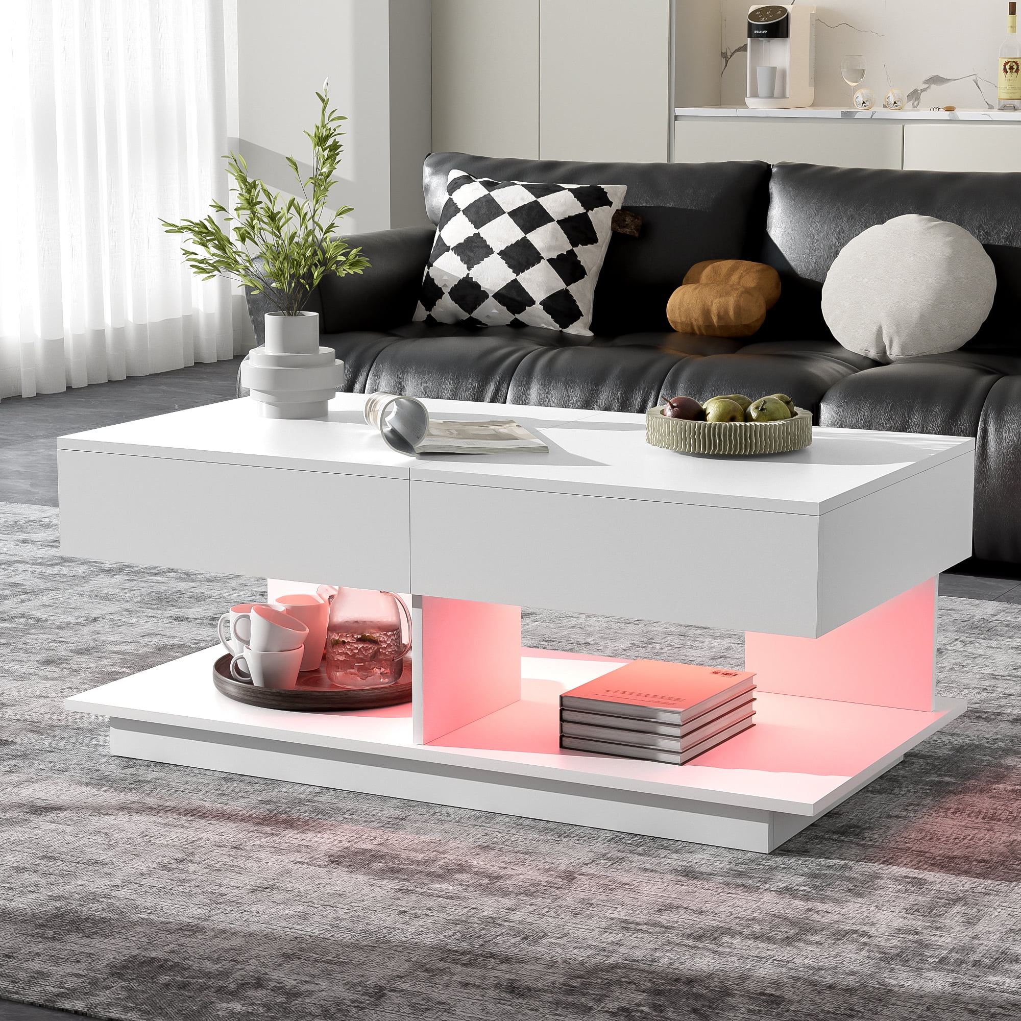 Euroco Modern Extendable LED Coffee Table with Storage and High-Gloss Finish