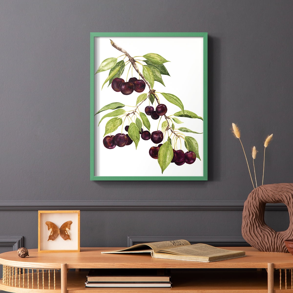 Watercolor Cherries Framed Print in Green Solid Wood 8 x 10 Framed Print