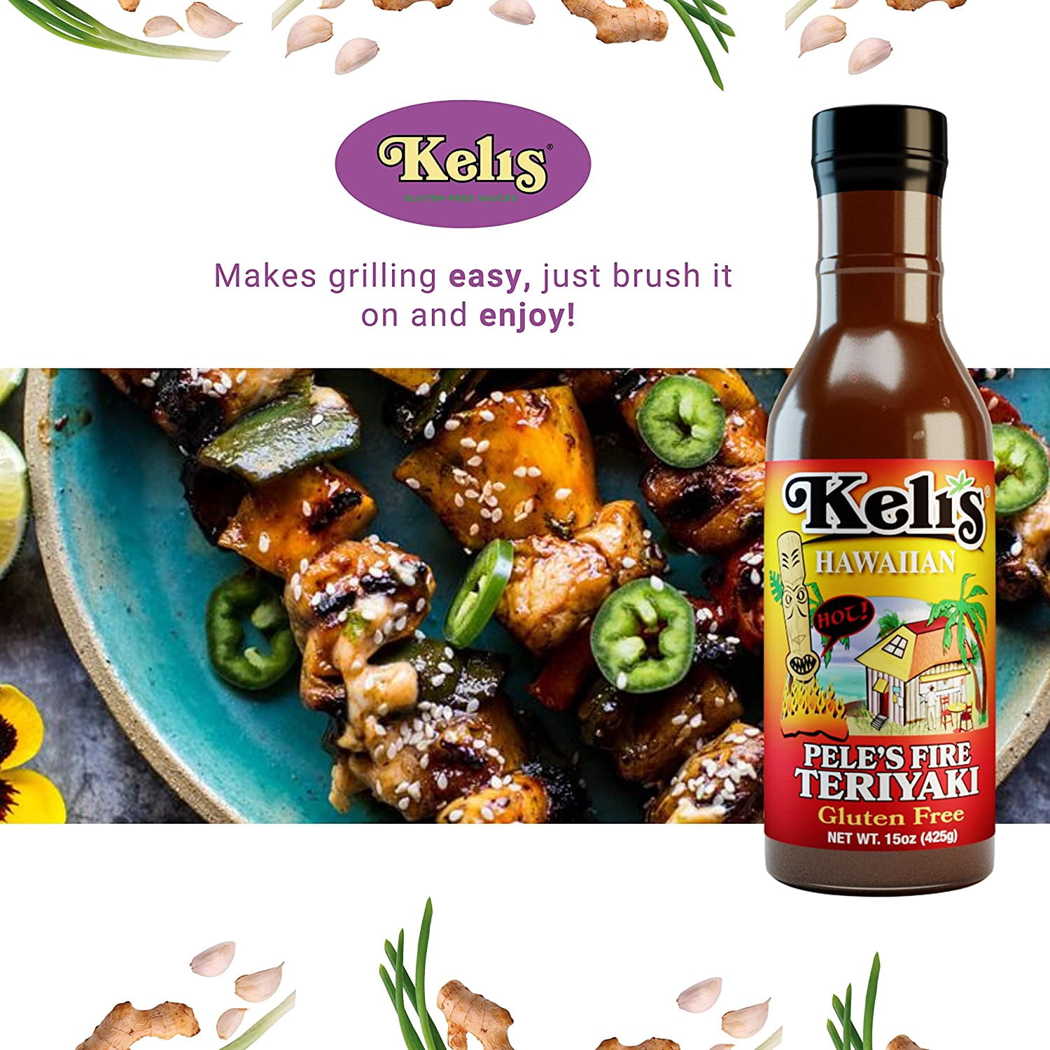 Keli’s Pele s Fire Sriracha Teriyaki, Hot and Spicy Teriyaki Marinade with a hint of Sriracha and Pineapple. Flavorful Teriyaki Wing Sauce - Made With Gluten Free Soy Sauce- 15 oz (Pack of 2)