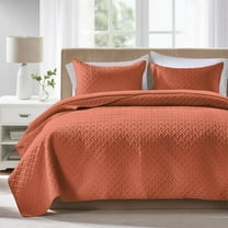 Lightweight Queen Quilt Set Burnt Orange, Reversible Geometric Stripe Bedspread, Microfiber Coverlet for Summer Winter All Seasons