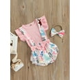 thumbnail image 3 of Gzhioc 3Pcs Baby Girls Fashion Outfit, Sweet Style Solid Color Fly Sleeve Round Collar Tops + Flower Printing Bow Suspender Shorts + Headwear, 3 of 9