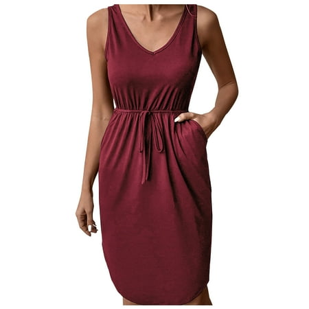 

Charella Women Fashion V-Neck Sleeveless Solid Casual Pocket Print Long Maxi Dress Wine S