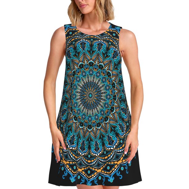 Fotbe Mandala Vestido de Verano sin Mangas para Mujer – Vestido Midi Línea A, Estilo Camiseta Floral, Vestido Playero Casual y Fluido