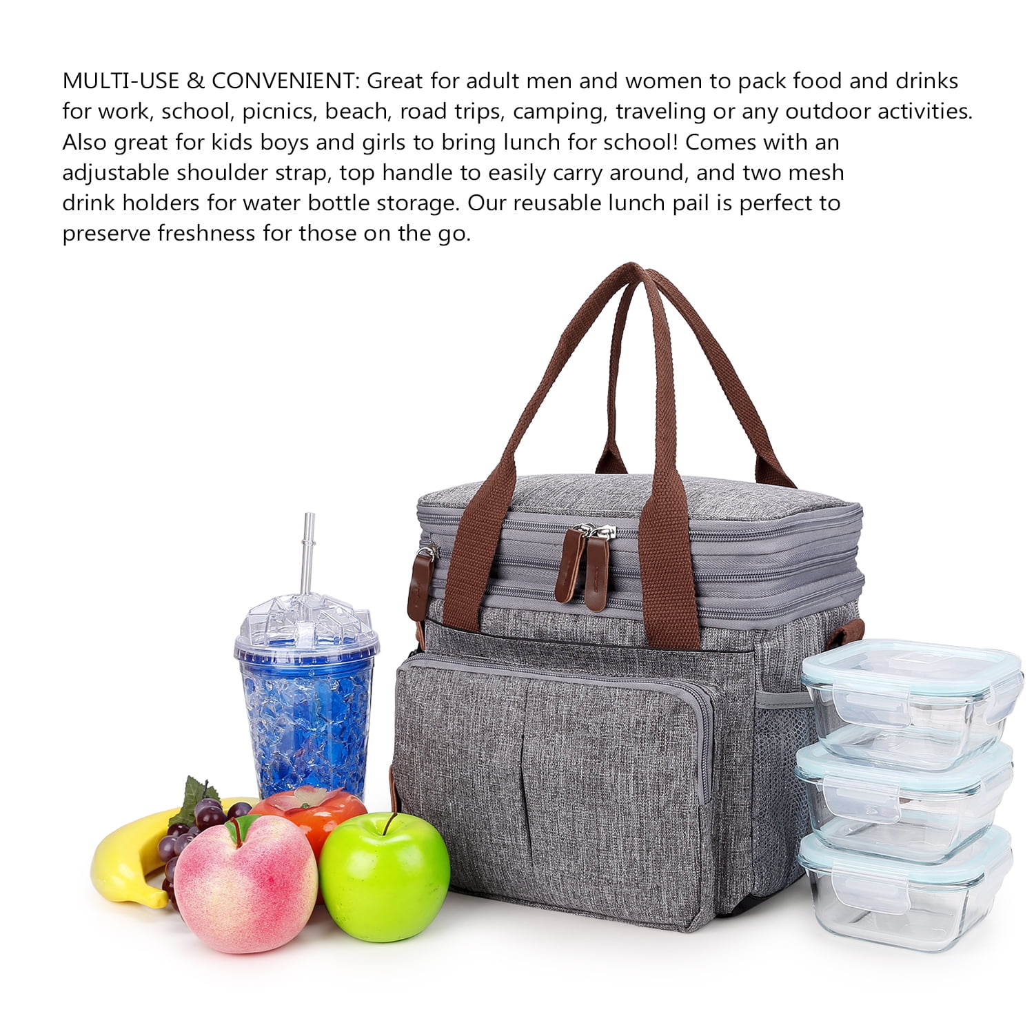 Lunch Bag for Women Men Double Deck Expandable Lunch Box,Large Lunch Bags,Leakproof Lunch Box Cooler Bag