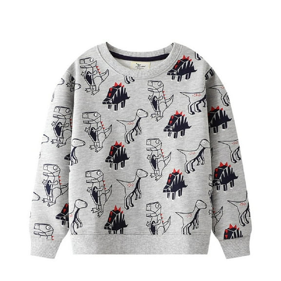 Esaierr Kids Boys Pullover Sweatshirt Long Sleeve Gray Dinosaur Print Cotton Crew Neck Sport Sweatsuit Tops for Toddler 2-7t Fall Outwear