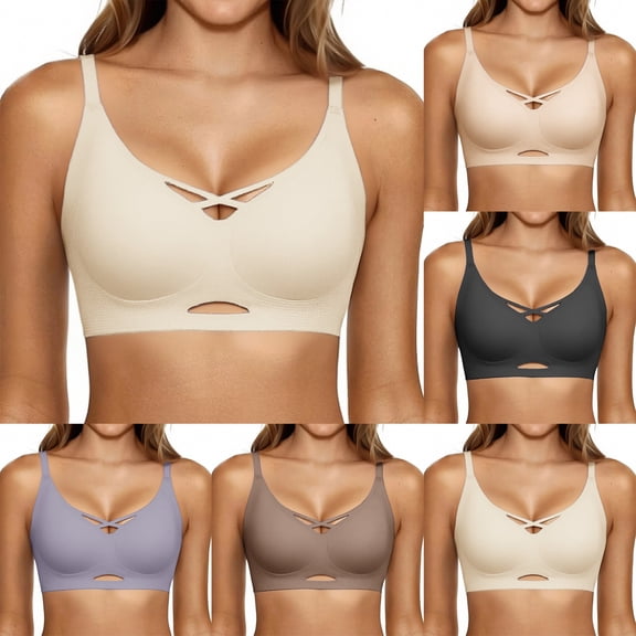 IQOGKRN Women Seamless Jelly Soft Support Bra Crisscross Hollow V Neck Wireless Nude Feel Bralette Adjustable Thin Strap Breathable Everyday Sleep Lingerie Beige L