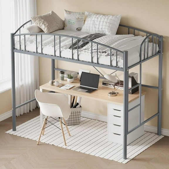 Senfot Twin Loft Bed – Heavy Duty Metal Frame with Arched Guardrail & Safety Ladder, Space-Saving,Gray